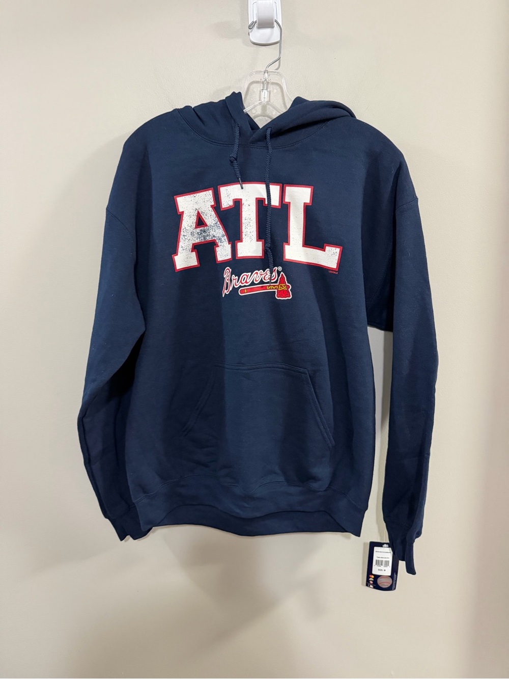 NWT Genuine Merchandise Navy Atlanta Braves Crewneck Hoodie with ATL Lettering.